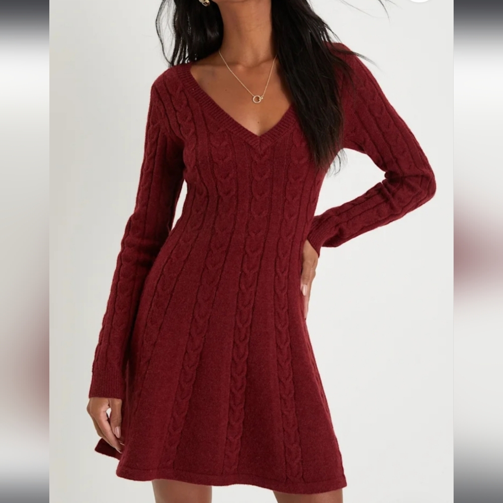 NWT Lulus Sweetly Seasonal Burgundy Cable Knit Sweater Mini Dress Small